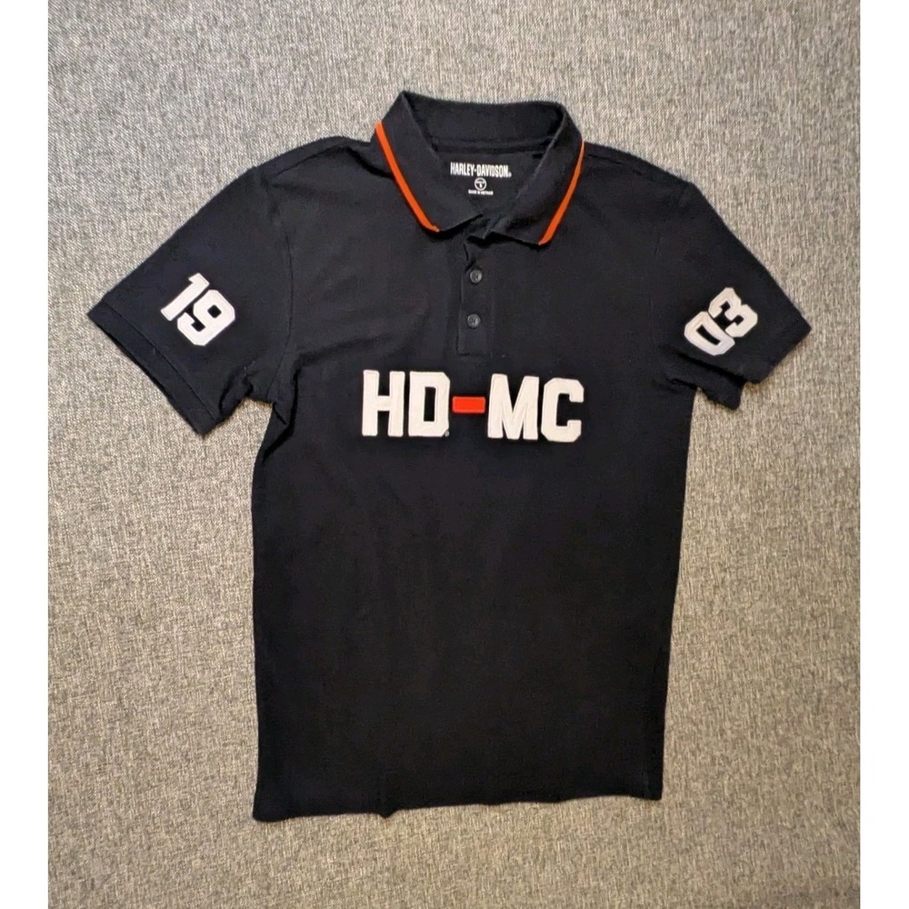 Harley Davidson Mens Small Polo Shirt Short Sleeve Black Orange Biker Moto Tee